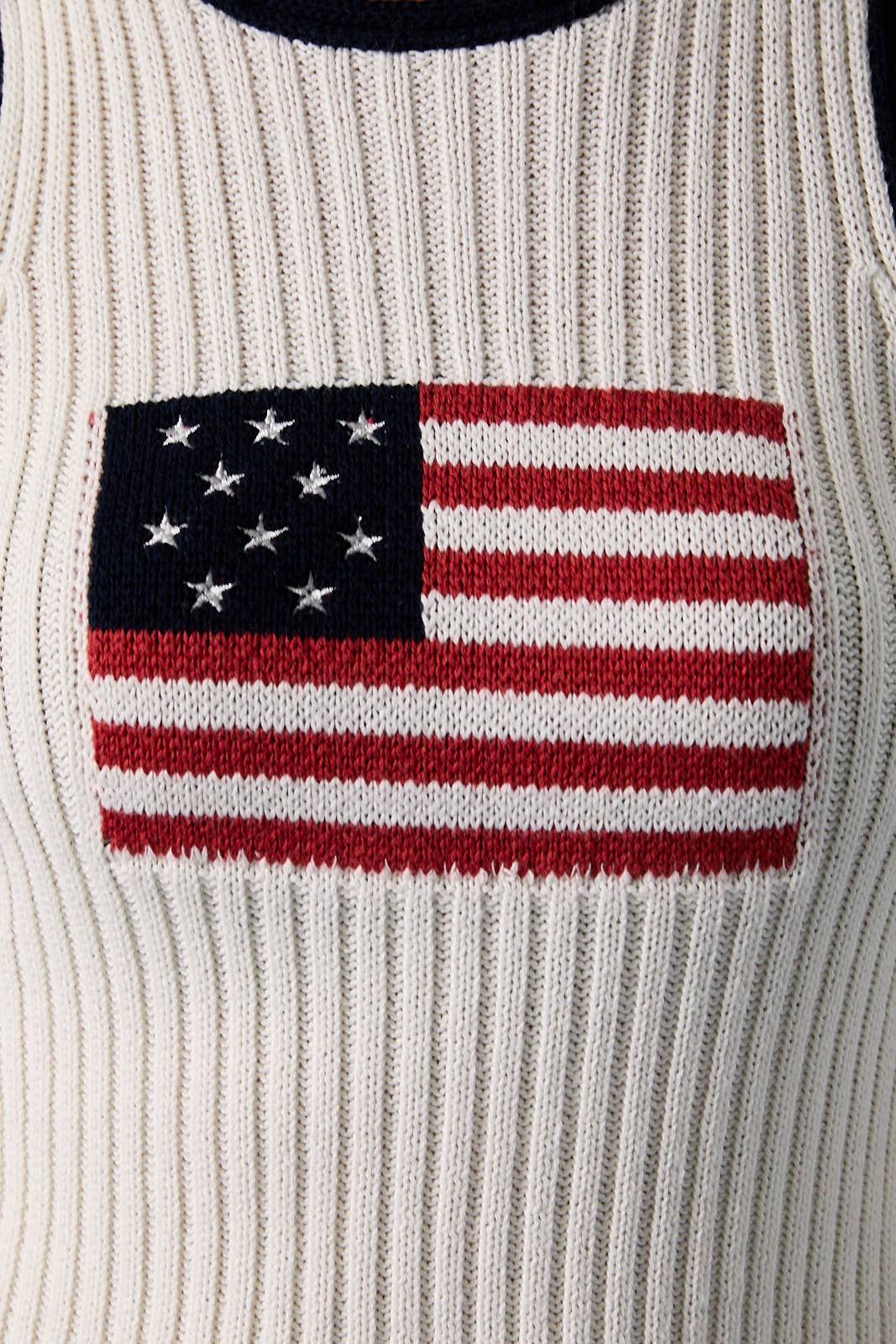 Sunday Edition - "USA FLAG " ROUND NECK CONTRAST COLOR RIBBED SWEATER TOP: WHITE-NAVY / M