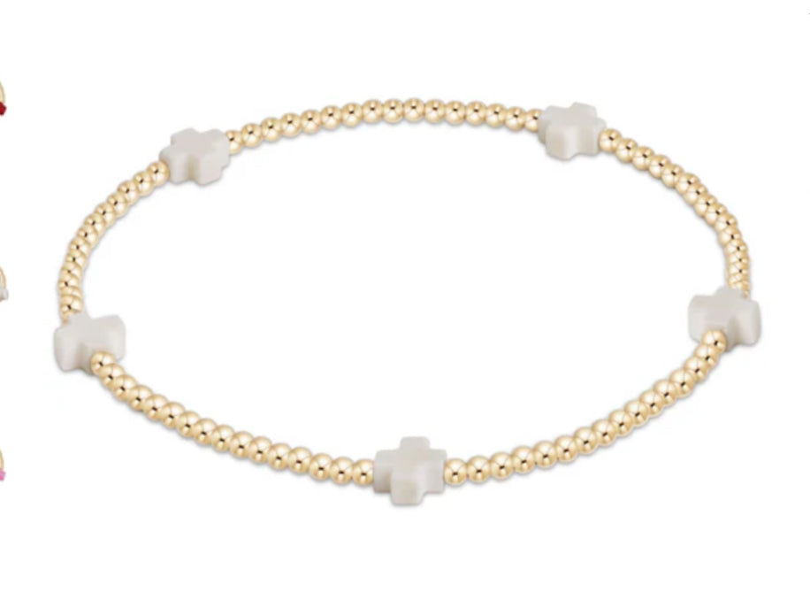 E NEWTON SIGNATURE CROSS SMALL GOLD PATTERN 2MM BEAD BRACELET-OFF-WHITE