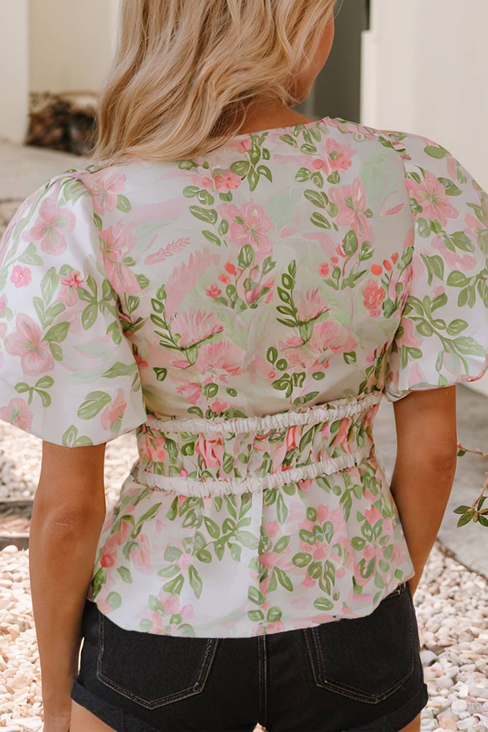 Little Daisy Closet - LDC Floral Puff Sleeve V Neck Tied Front Peplum Blouse: Pink / L