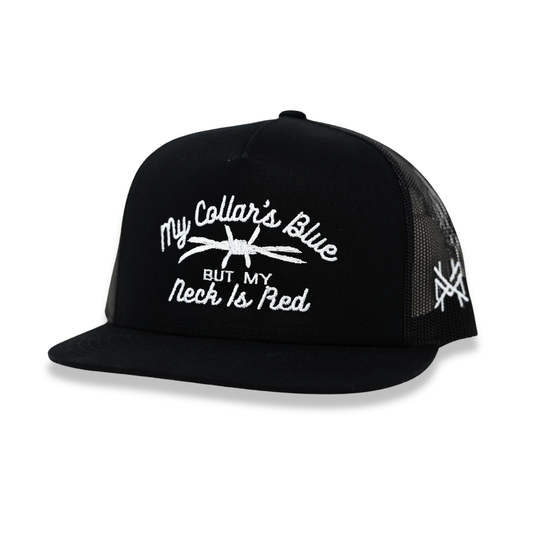The Mad Hatter Co - My Collar's Blue but my Neck is Red Trucker Hat: Flat Bill Black
