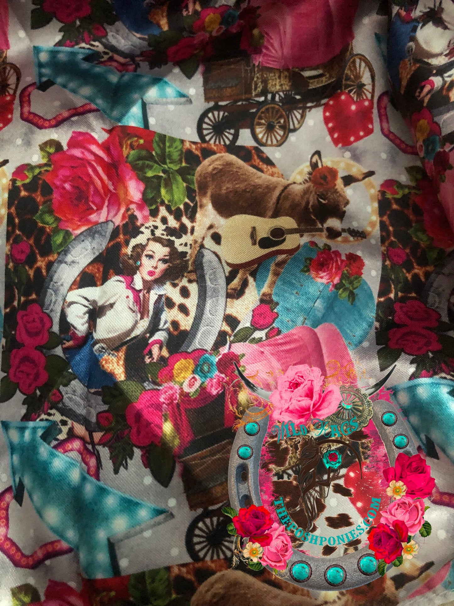 The Posh Ponies, LLC - Custom Donkey Guitar, Wagons, Horseshoes and Rodeo Pinup Girl Wild Rag 35 x 35