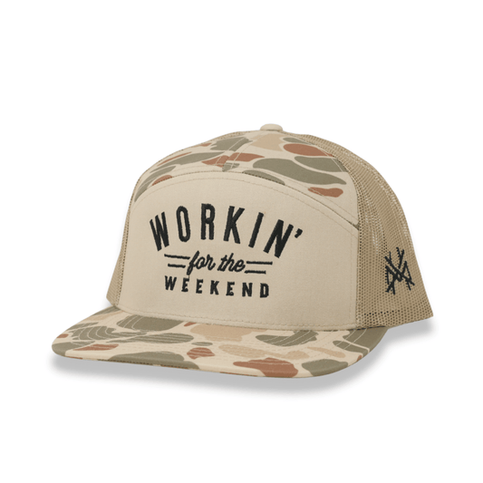 The Mad Hatter Co - Workin' for the Weekend Trucker Hat: 7 Panel Harvest Camo/Tan/Harvest Camo