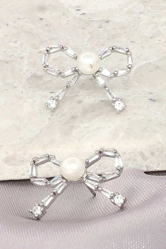 SP Sophia Collection - White Gold Plated Pearl CZ Bowknot Post Earrings