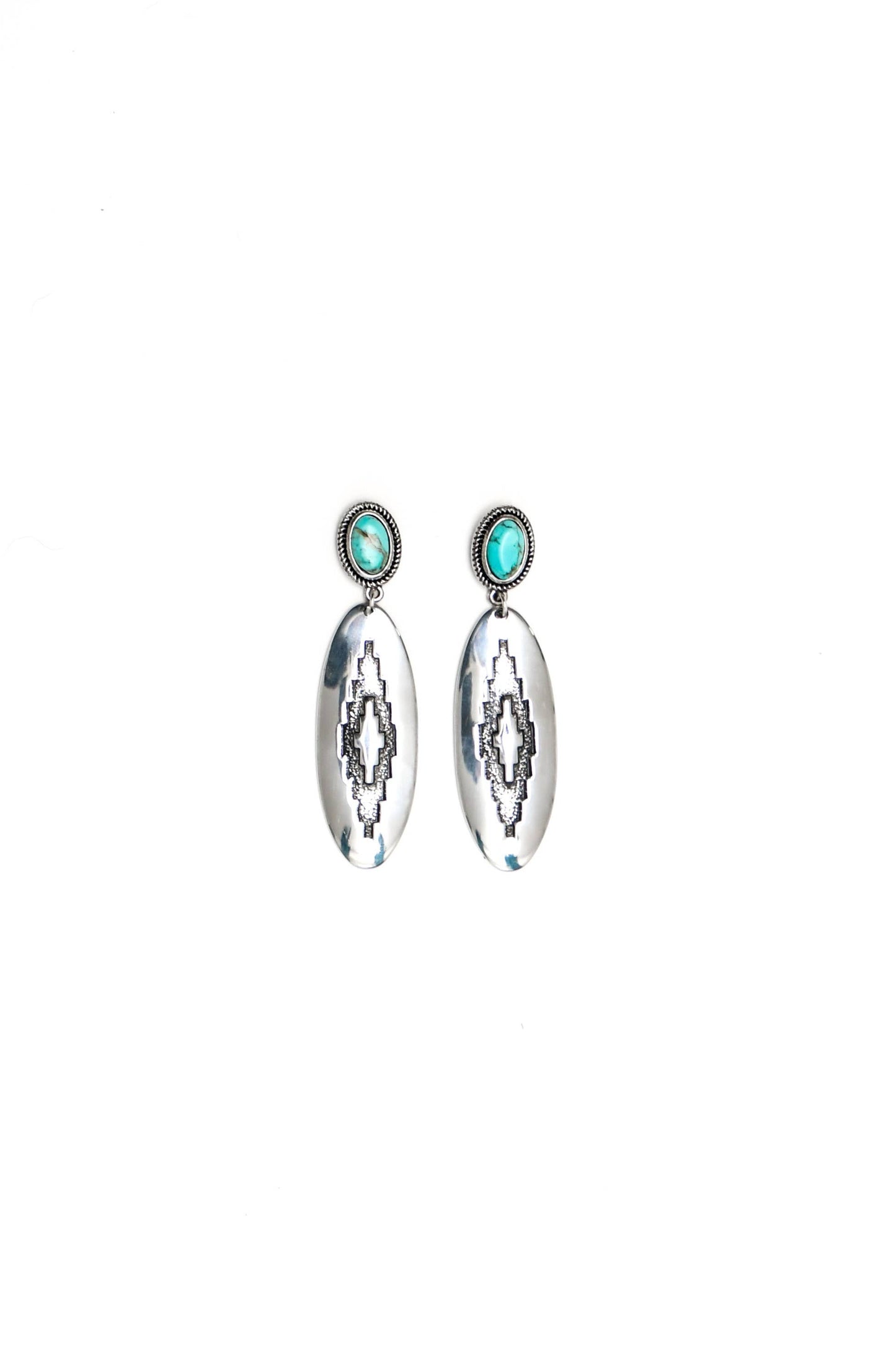West & Co. - 3" Oval Aztec Stamped Earring on Turquoise Post