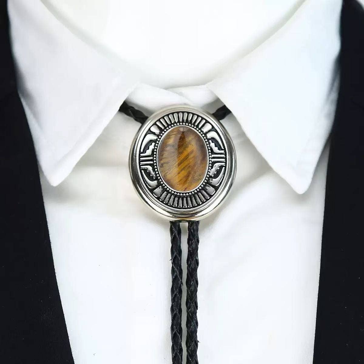SimpleNGreat - Western Tiger Eye Cowboy Bolo Tie Necklace
