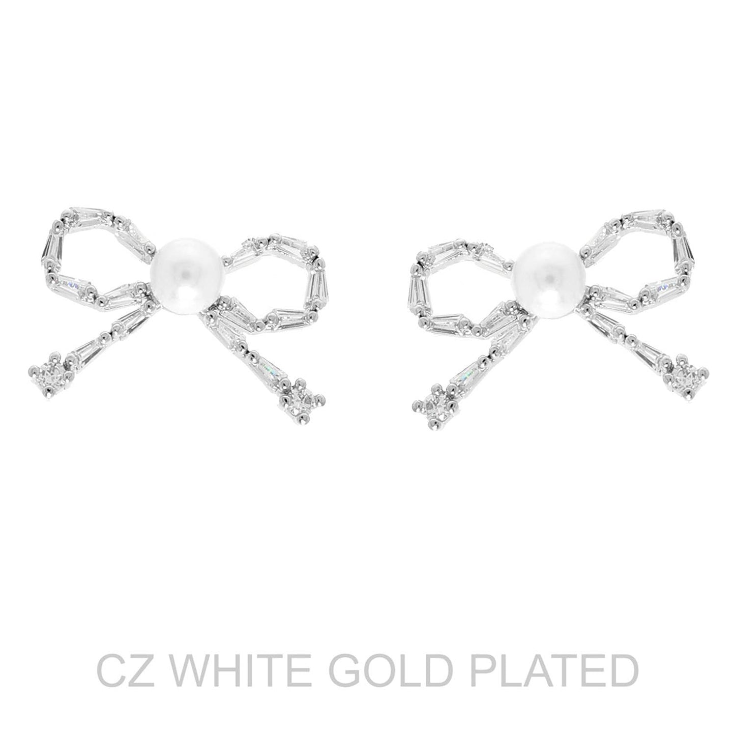SP Sophia Collection - White Gold Plated Pearl CZ Bowknot Post Earrings