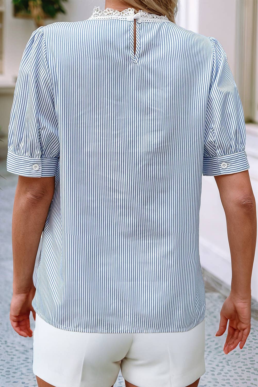 Little Daisy Closet - LDC Stripe Floral Lace Splicing Puff Sleeve Blouse: Sky Blue / M