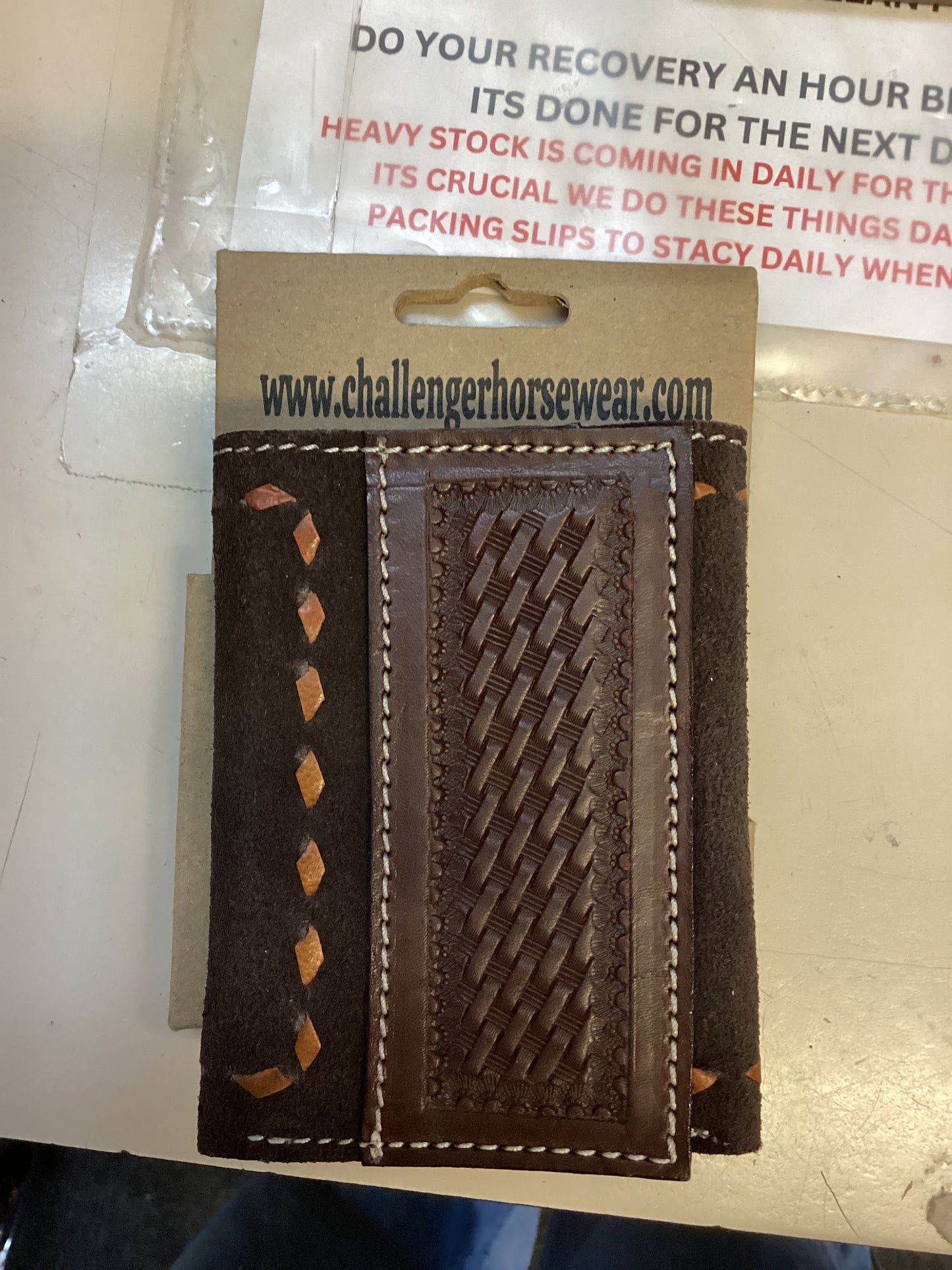 CHALLENGER HORSEWEAR MENS WESTERN BROWN ROUGH-OUT BASKET TOOLED LEATHER TRI-FOLD WALLET 18RSW124T