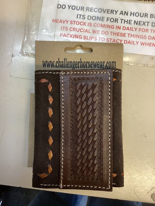 CHALLENGER HORSEWEAR MENS WESTERN BROWN ROUGH-OUT BASKET TOOLED LEATHER TRI-FOLD WALLET 18RSW124T
