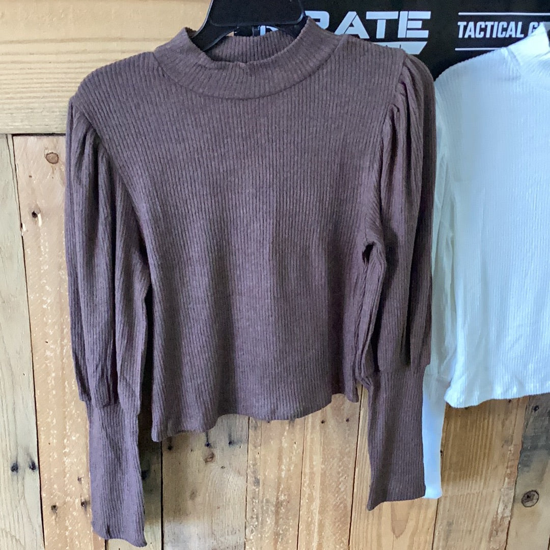 ROCK&ROLL DENIM PUFF SLEEVE MOCK NECK RIB TOP