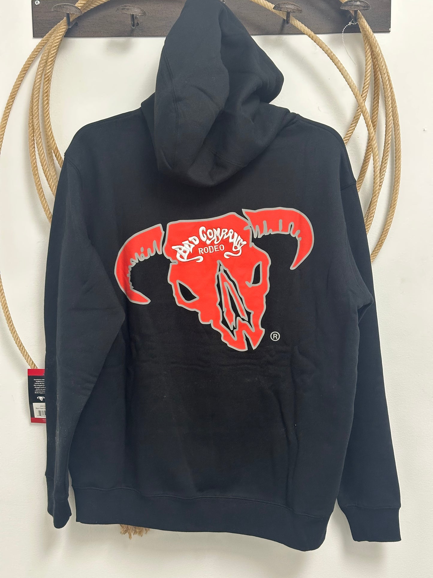 HOOEY BAD COMPANY MENS BLACK HOODY WITH RED /WHITE BAD COMPANY LOGO ON BACK