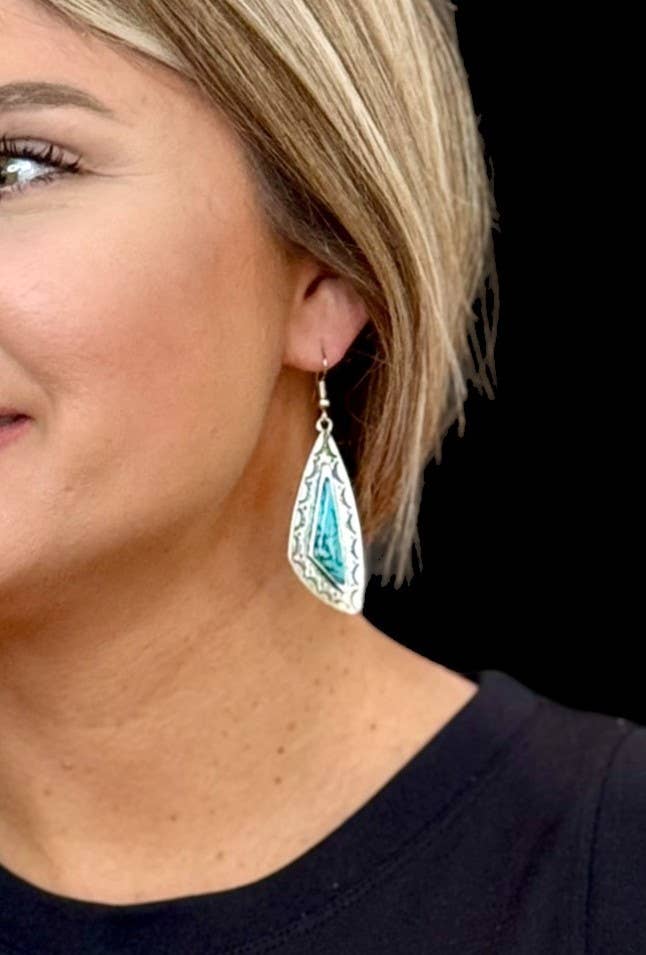 West & Co. - 2.5" Turq Triangular Earring w/ Silver Stamped Earring