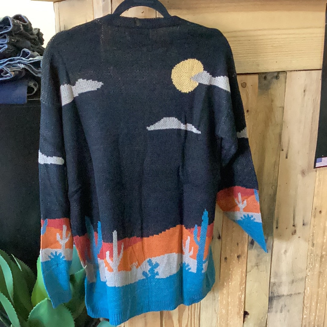 ROCK&ROLL DENIM SCENERY PRINT KNIT CARDIGAN