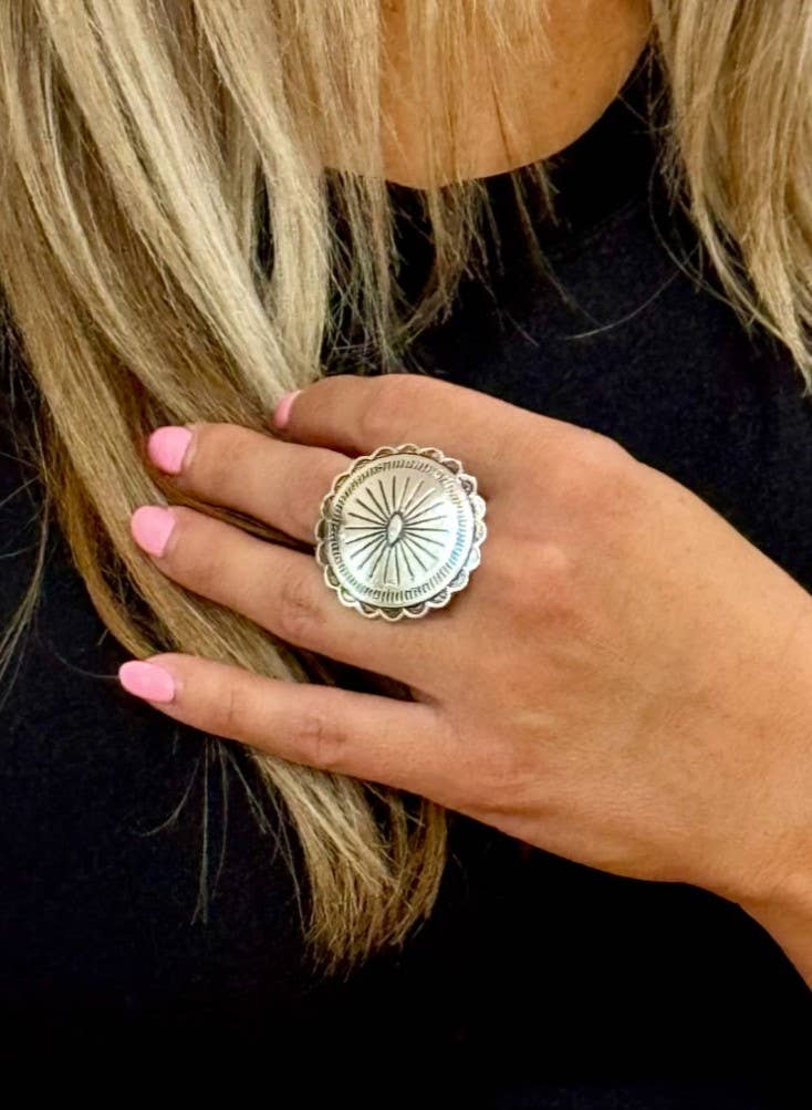 West & Co. - Adjustable Round Burnished Silver Concho Ring