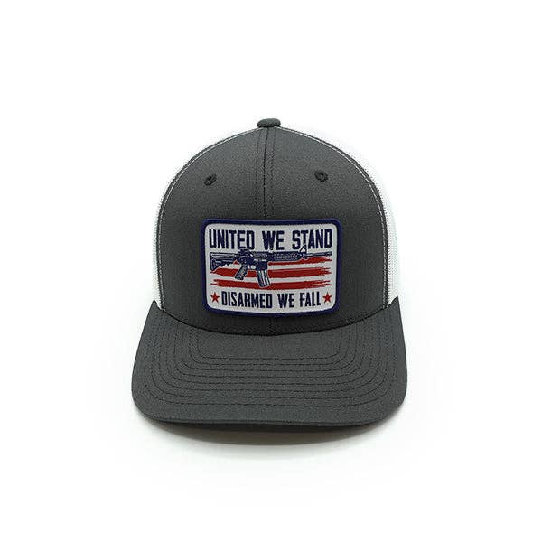 Shield Republic LLC - United We Stand Disarmed We Fall Woven Patch Hat: Curved Bill Snapback / Charcoal and White