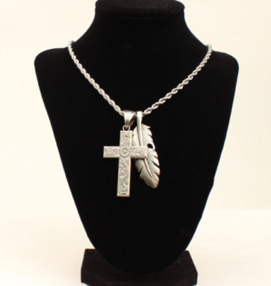 TWISTER 24” CROSS AND FEATHER NECKLACE