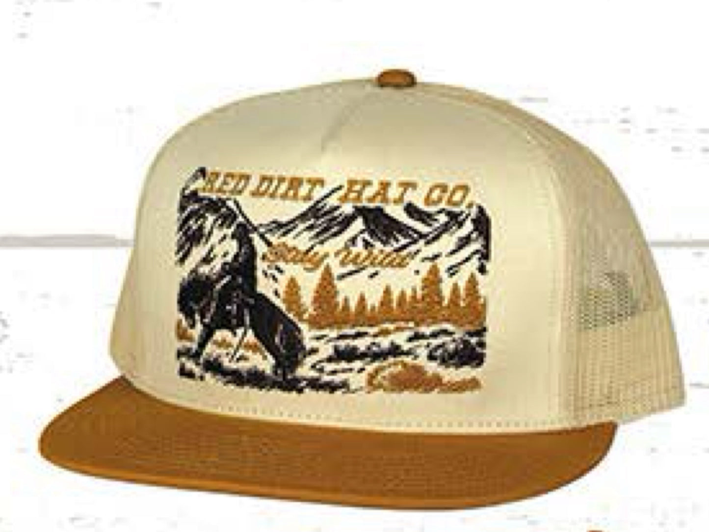 RED DIRT HAT CO STAY WILD-MUSTARD/CREAM FLAT BILL 5 PANEL SNAPBACK HAT