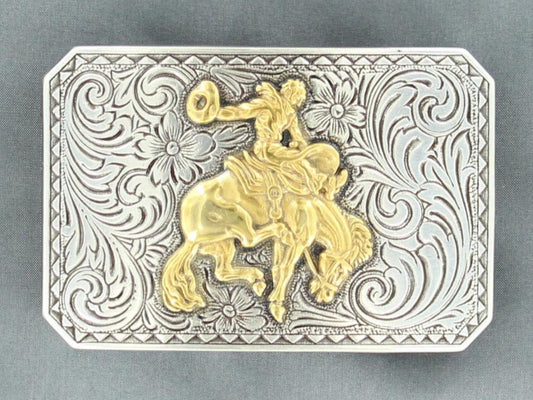 NOCONA BRONC RIDER GOLD AND SILVER BELT BUCKLE
