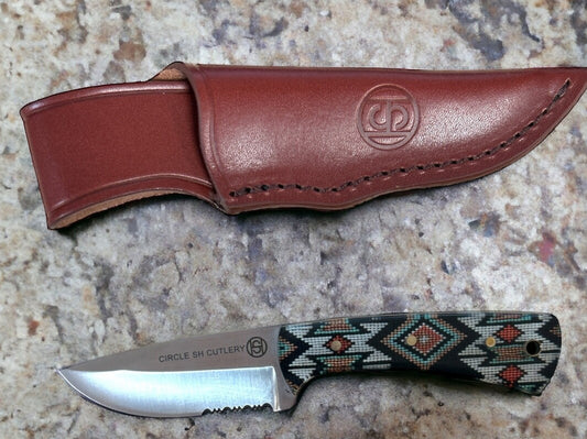 CIRCLE SH CUTLERY FIXED BLADE KNIFE WITH AZTEC PRINT HANDLE AND SHEATH