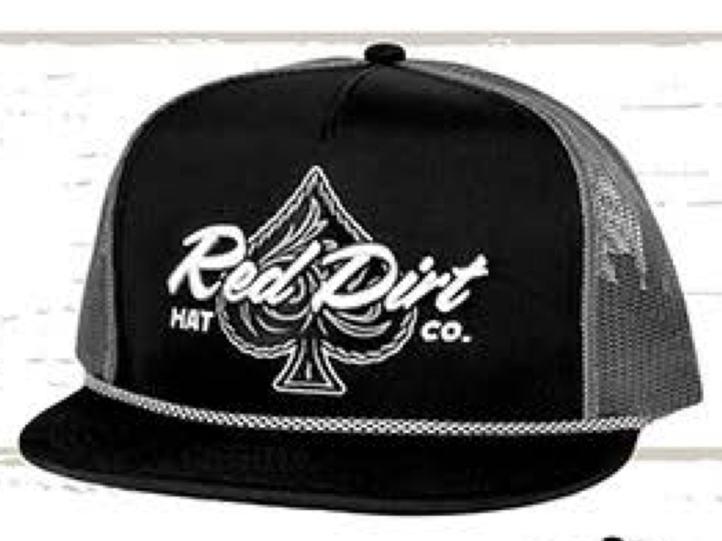 RED DIRT HAT CO HOLD EM’ BLACK/CHARCOAL SPOTTED ROPE PANEL FLAT BILL HAT