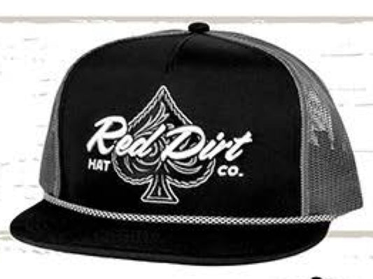 RED DIRT HAT CO HOLD EM’ BLACK/CHARCOAL SPOTTED ROPE PANEL FLAT BILL HAT