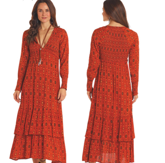 ROCK AND ROLL DENIM SMOCKED LONG SLEEVE TIERED DRESS