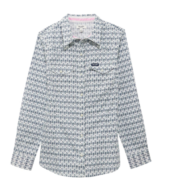 WRANGLER WOMENS LONG SLEEVE DRESS SNAP WITH BOOT PRINT