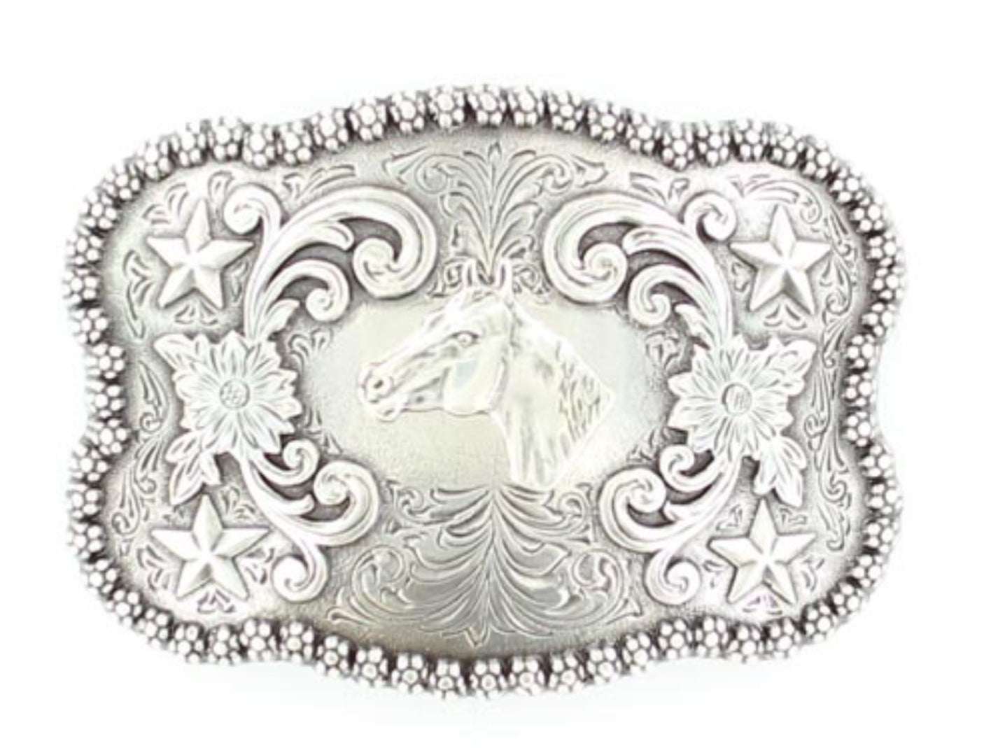 NOCONA HORSEHEAD SILVER BUCKLE WITH STAR ACCENTS AND FLOWER EDGE