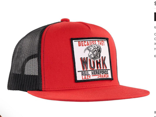 LAZY J RANCH RED & BLACK BECAUSE THEY WORK CLASSIC FIVE PANEL TRUCKER HAT