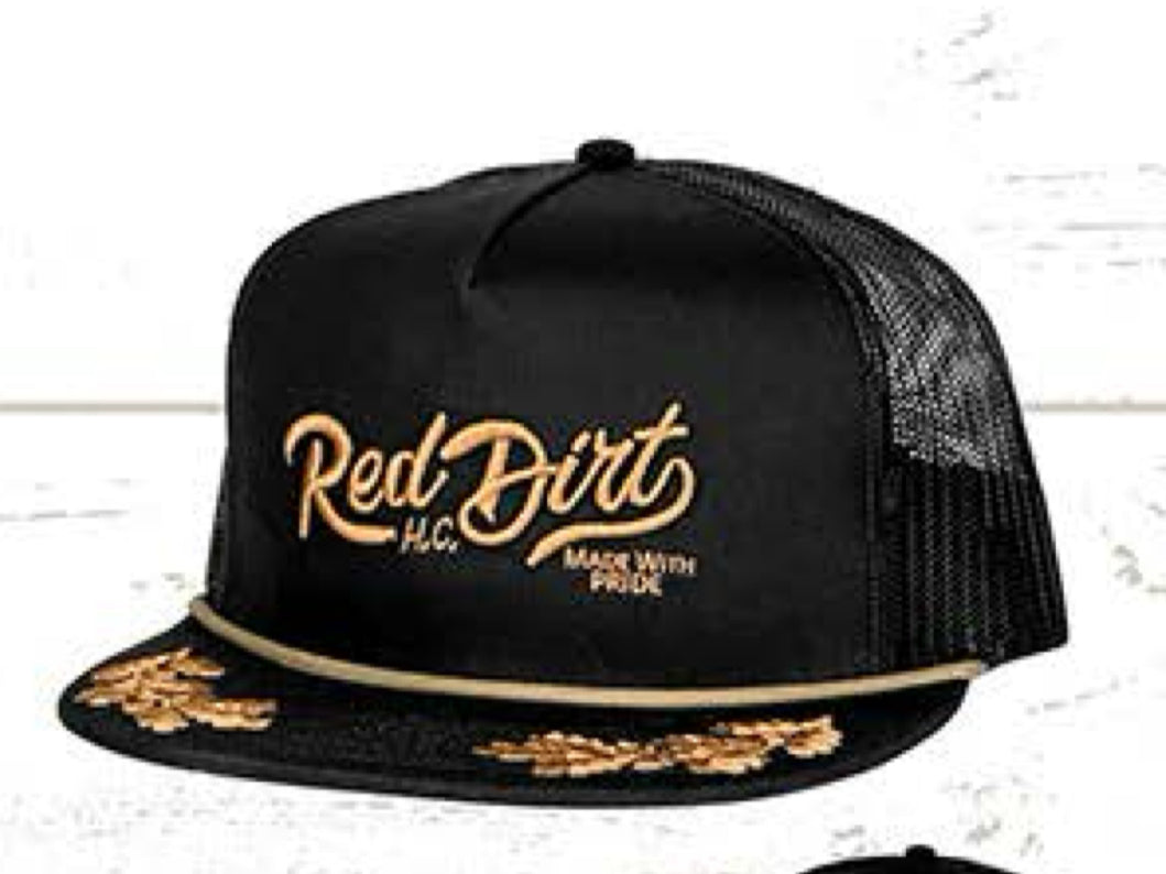 RED DIRT HAT CO HIGH ROAD-BLACK/BLACK COPPER ROPE 5 PANEL FLAT BILL SNAPBACK HAT