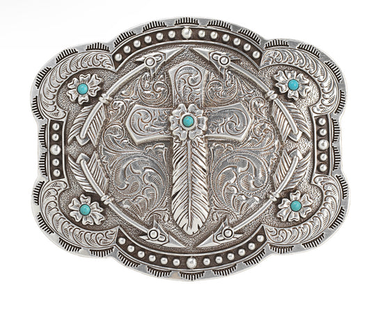 BLASIN ROXX FEATHER CROSS ARROWS SILVER BELT BUCKLE