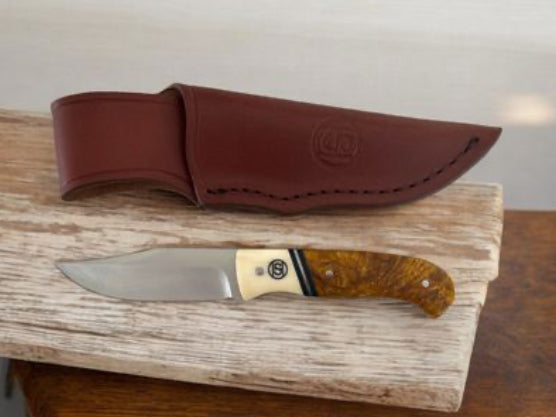 CIRCLE SH CUTLERY 6.5” KNIFE WITH 3” BLADE, BONEAND MAPLE HANDLE WITH LEATHER SHEATH