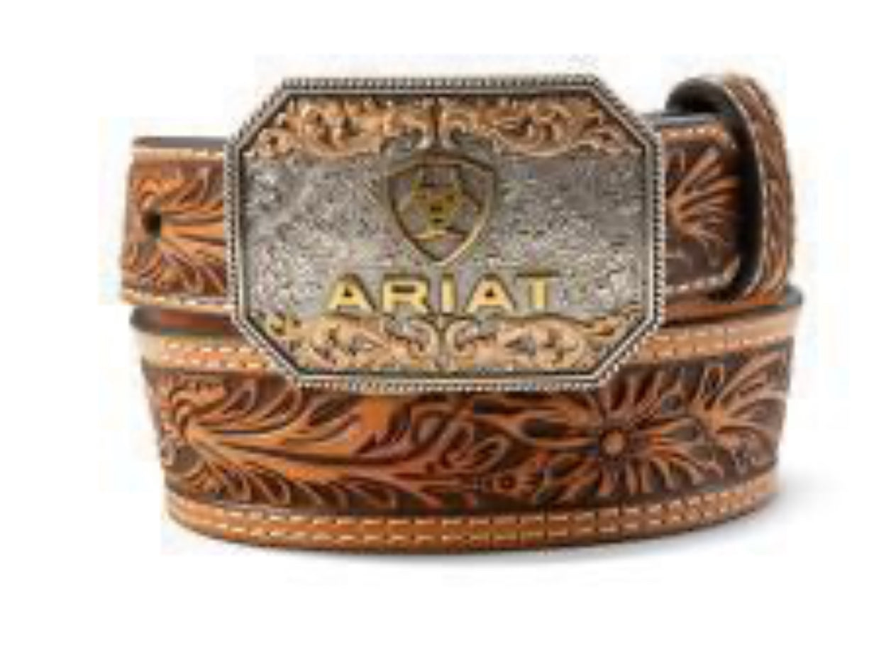 ARIAT BOYS BELT 1 1/2" - 1 1/4" FLORAL EMBOSSED TAN