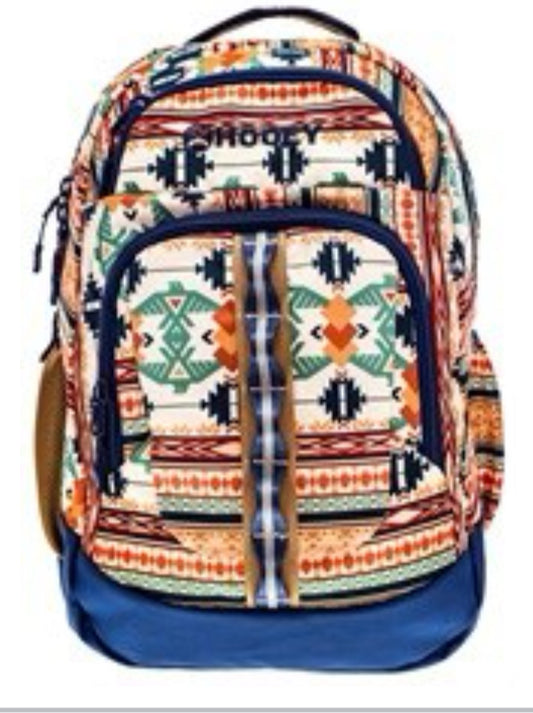 HOOEY OX BACKPACK-TAN/BLUE WITH AZTEC PATTERN ACCENTS
