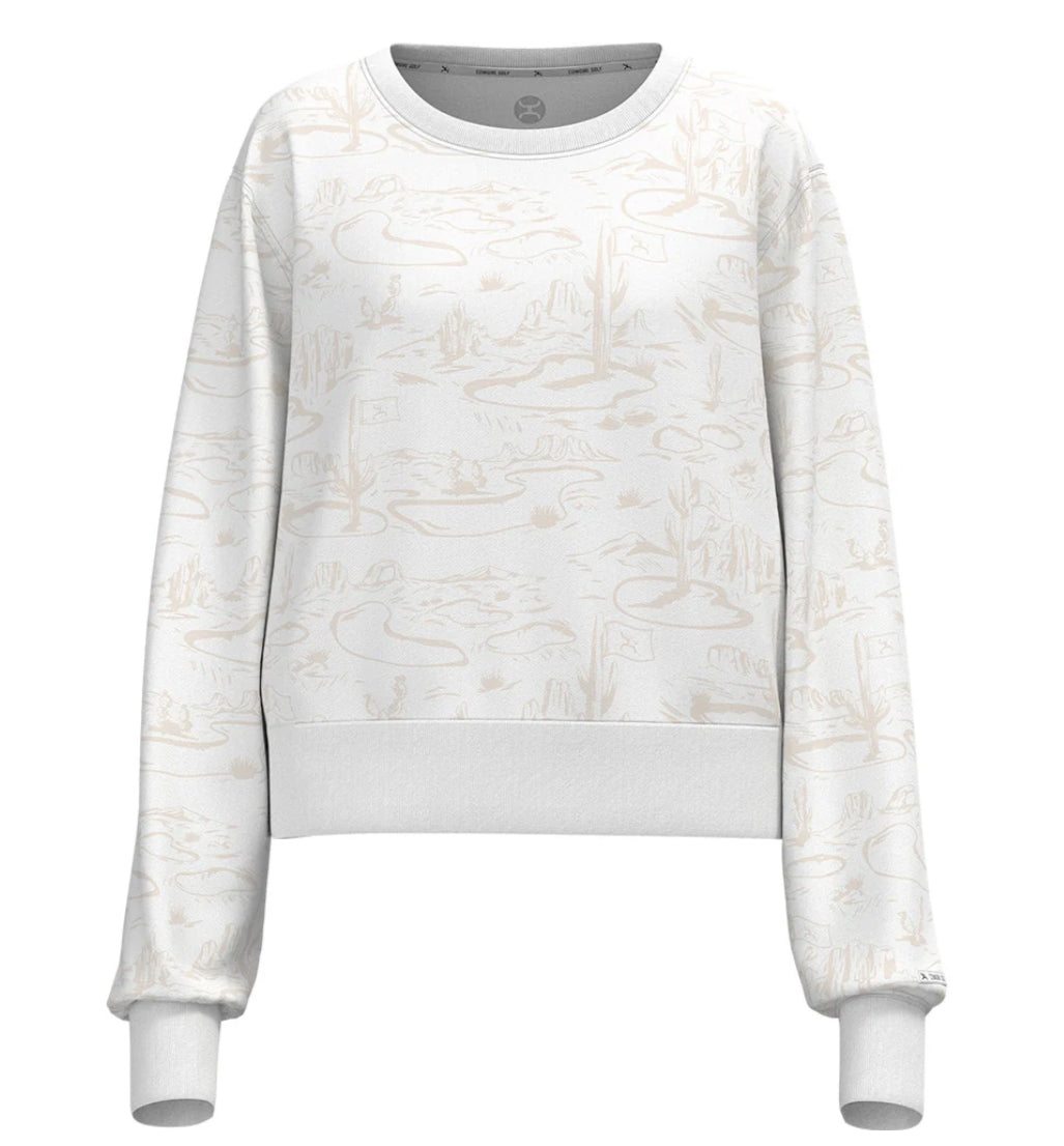 HOOEY WOMENS KATE WHITE CROP PULLOVER WITH TAN DESERT LANDSCAPE PATTERN ALL OVER