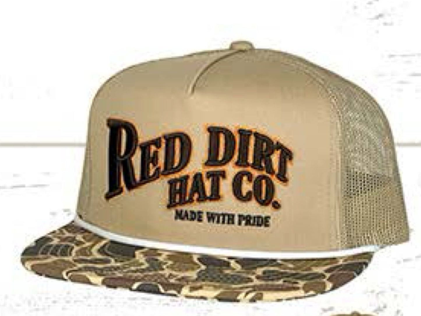 RED DIRT HAT CO OLD SKOOL II-KHAKI/KHAKI CAMO FLAT BILL WHITE ROPE 5 PANEL SNAPBACK HAT