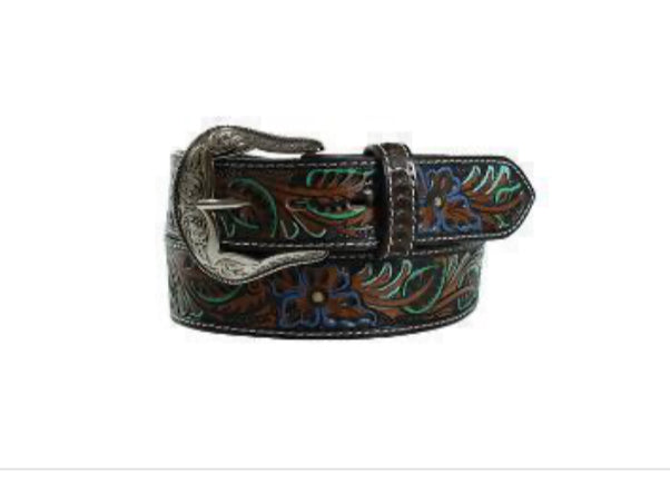 NOCONA LADIES BELT 1 1/2'' TOOLED FLORAL PATTERN BROWN