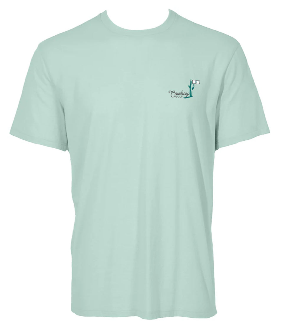 HOOEY HILLS MENS BLEACHED AQUA CREW NECK COTTON/POLY SHORT SLEEVE TSHIRT WITH COWBOY GOLD LANDSCAPE ON BACK
