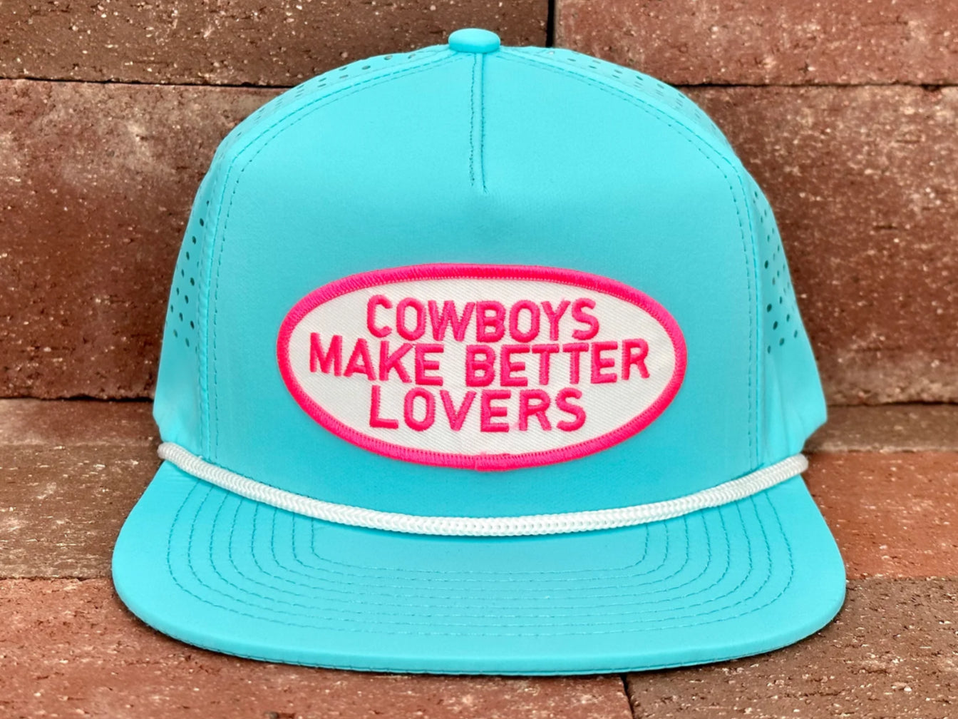 CACTUS ALLEY HAT CO COWBOYS MAKE BETTER LOVERS TURQUOISE LASER HOLES/WHITE ROPE SNAPBACK CAP