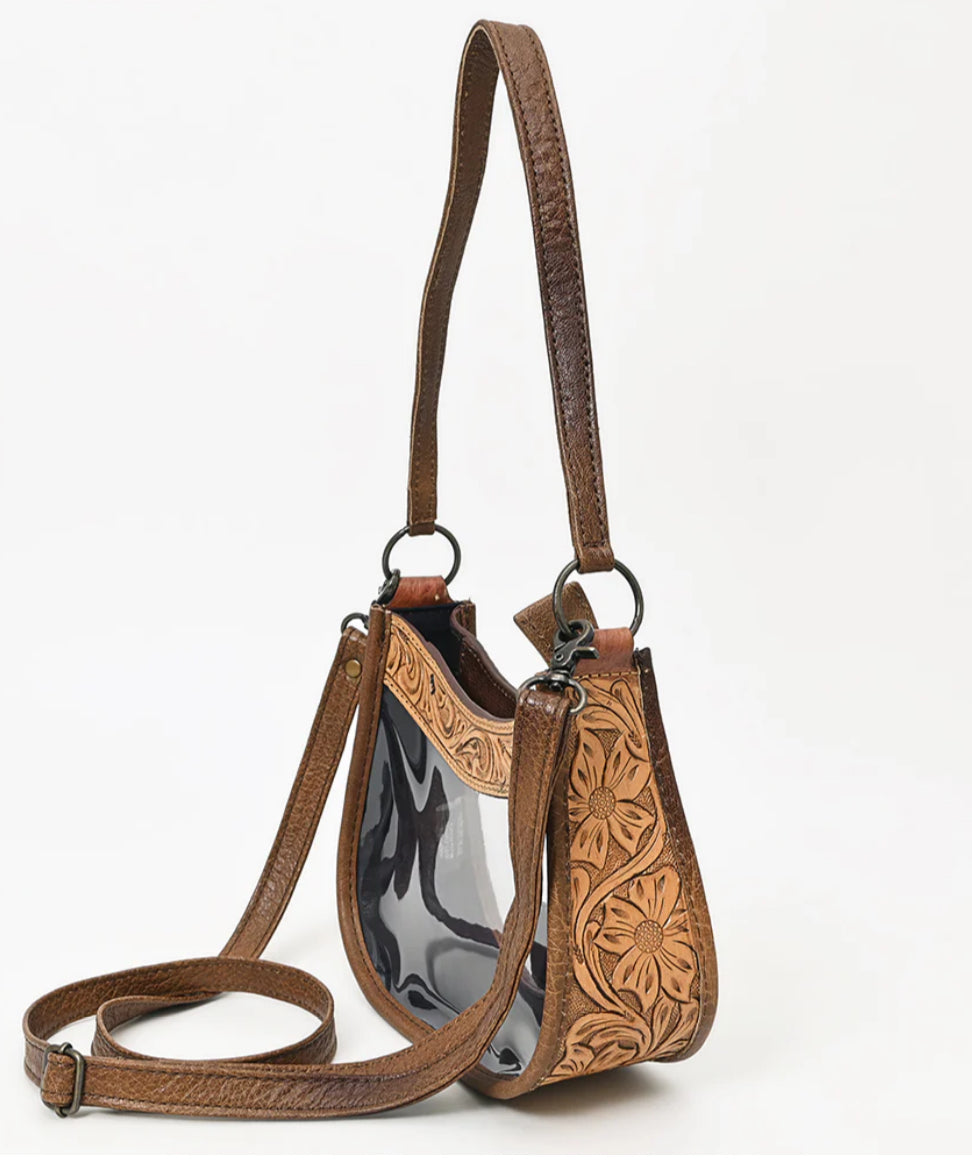 AMERICAN DARLING WESTERN LEATHER CLEAR BAG WITH HAND TOOLED ACCENTS