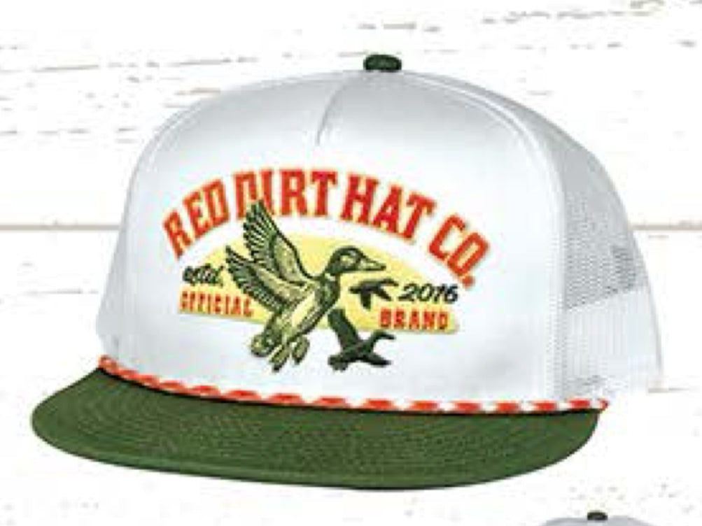 RED DIRT HAT CO FOWL PLAY-WHITE/WHITE OLIVE FLAT BILL ORANGE MULTI ROPE 5 PANEL SNAPBACKC HAT
