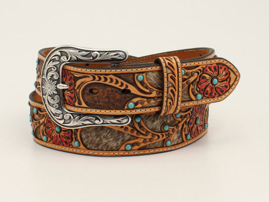 ARIAT 1 1/2” CALF HAIR UNDERLAY RED FLOWER BELT