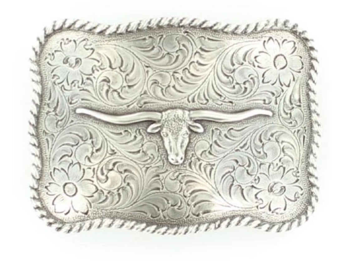 NOCONA RECTANGLE ROPE EDGE LONGHORN FLORAL BELT BUCKLE