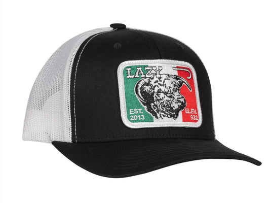LAZY J RANCH BLACK & WHITE MEXICO ELEVATION MID PROFILE TRUCKER HAT