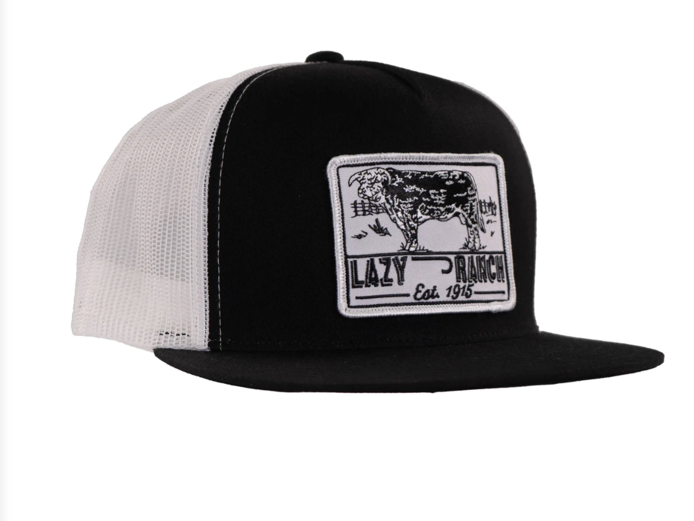 LAZY J RANCH BLACK & WHITE BULL TRAP CLASSIC FIVE PANEL TRUCKER HAT