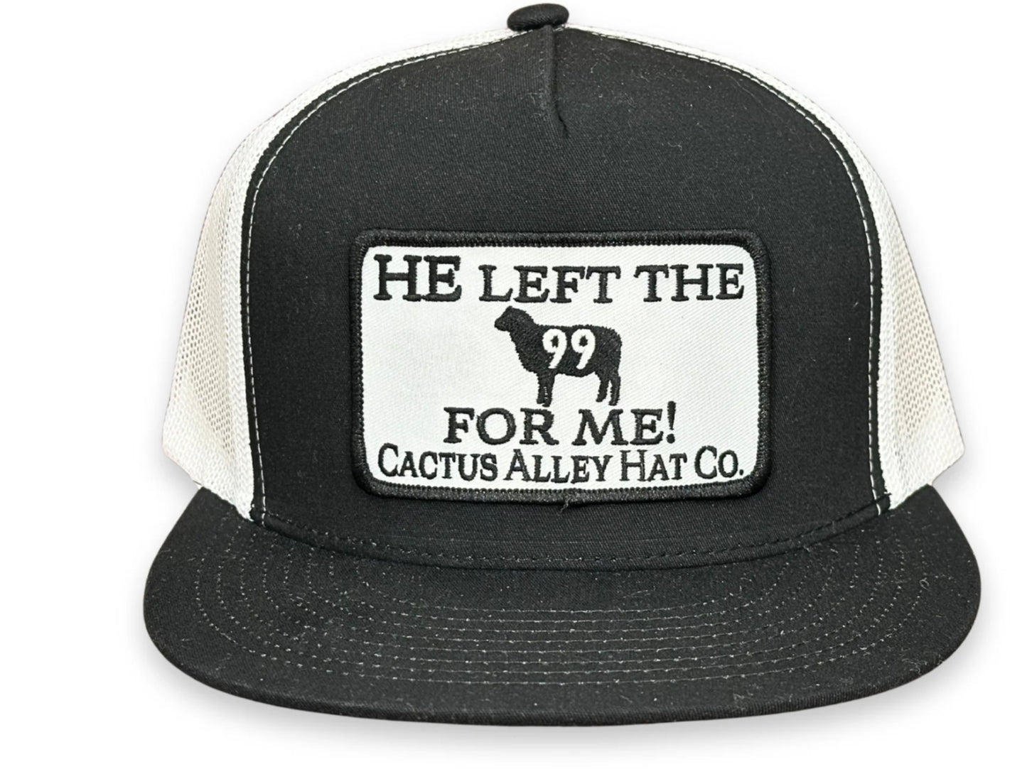 CACTUS ALLEY HAT CO 99 HE LEFT THE 99 6006 BLACK/WHITE MESH SNAPBACK CAP