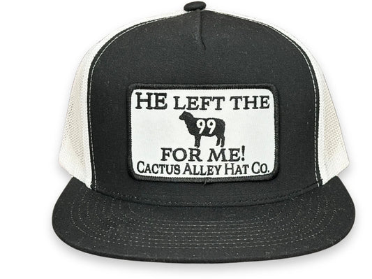 CACTUS ALLEY HAT CO 99 HE LEFT THE 99 6006 BLACK/WHITE MESH SNAPBACK CAP