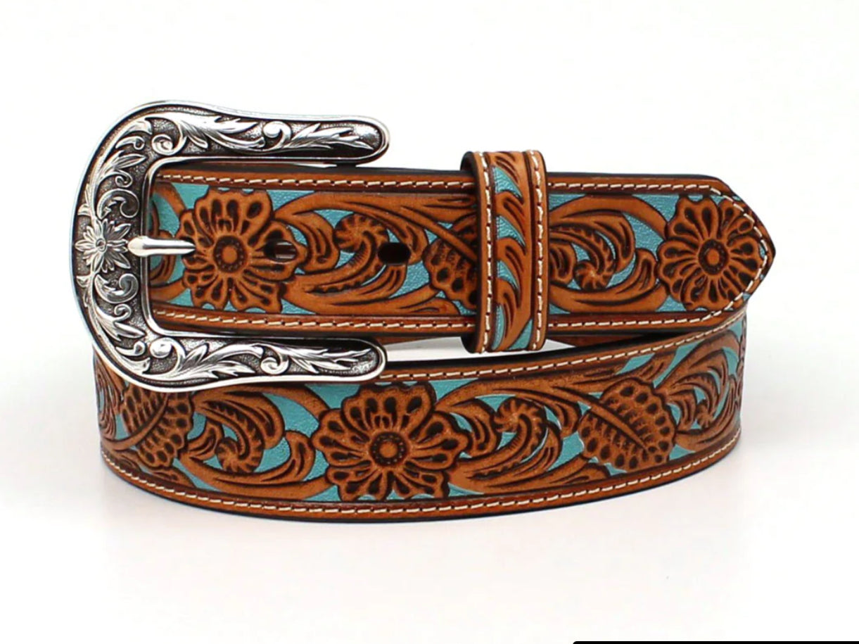 ARIAT 1 1/2” FLORAL OVERLAY TURQUOISE UNDERLAY BELT