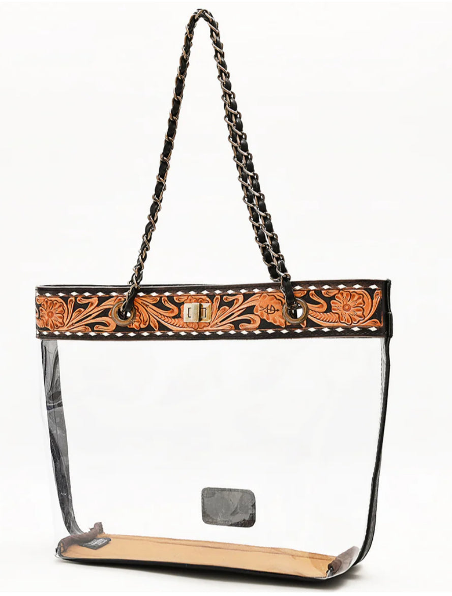 AMERICAN DARLING WESTERN CLEAR TOTE BAG WITH HAND TOOLED LEATHER TRIM-GENUINE LEATHER STADIUM APPROVED TOTE