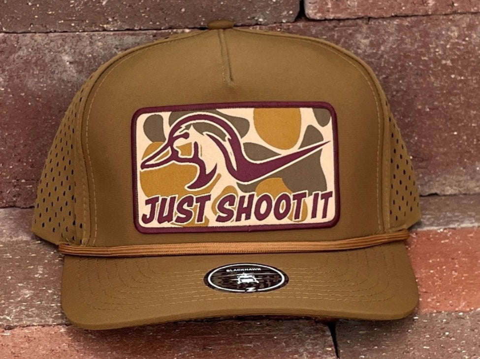 CACTUS ALLEY HAT CO JUST SHOOT IT CAMO ZAPPED CARAMEL LASER HOLES CARAMEL ROPE SNAPBACK CAP